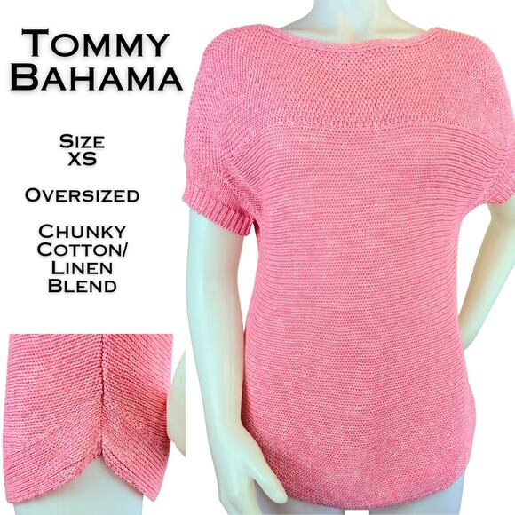 Tommy Bahama Sweater XS Pink White Heathered Chunky Knit Oversized Short Sleeve - Picture 1 of 9